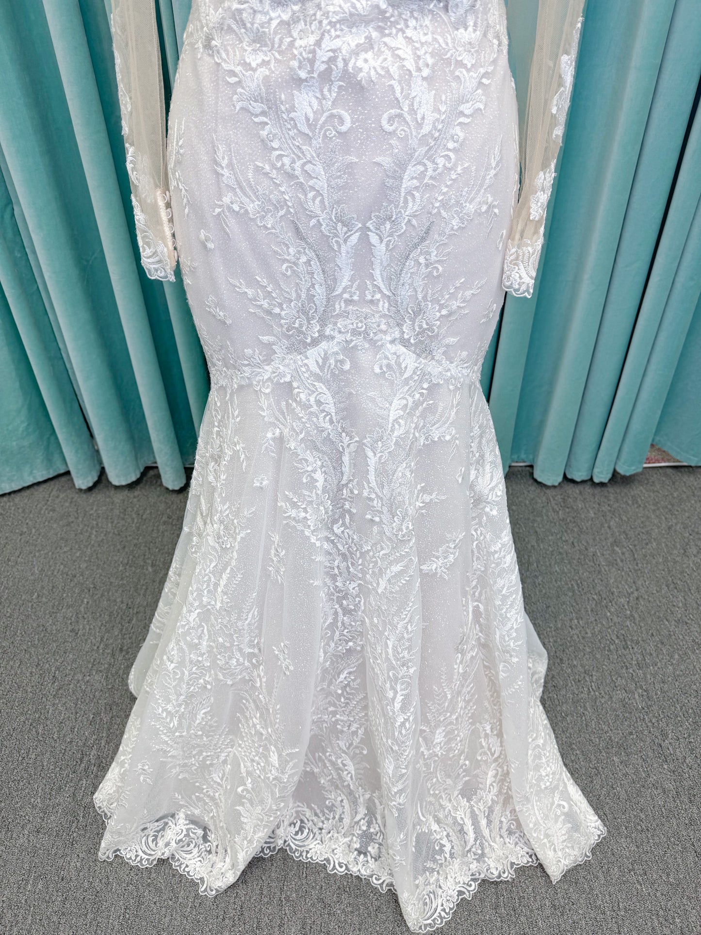 Morilee 2401 Dauphine strapless sweetheart mermaid wedding dress in sparkle organza with frosted lace appliqués, corset bodice, and detachable illusion long sleeves.