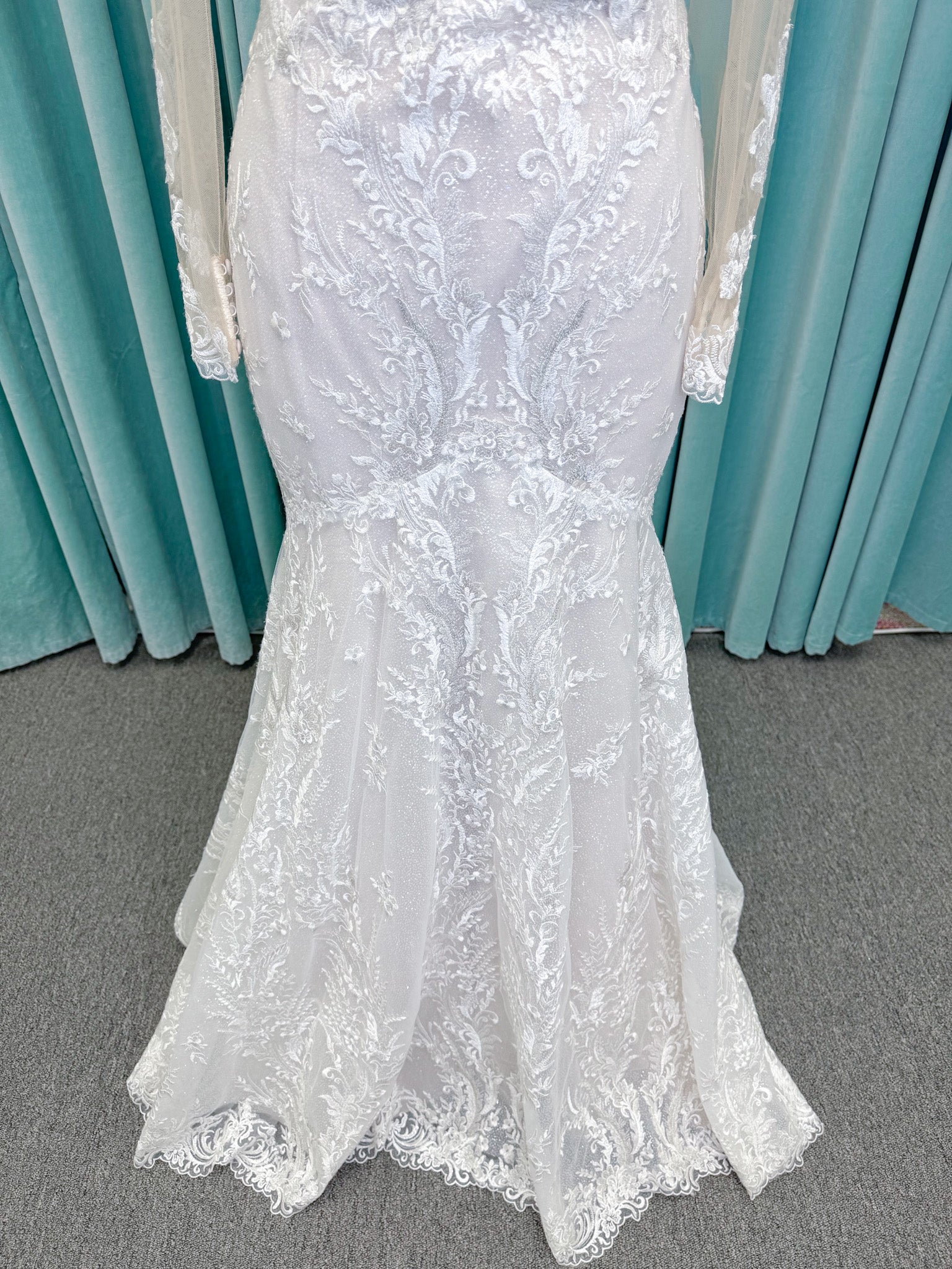 Morilee 2401 Dauphine strapless sweetheart mermaid wedding dress in sparkle organza with frosted lace appliqués, corset bodice, and detachable illusion long sleeves.