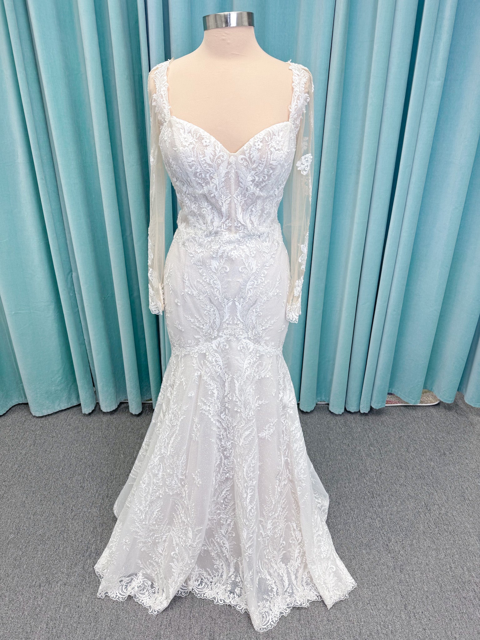 Morilee 2401 Dauphine strapless sweetheart mermaid wedding dress in sparkle organza with frosted lace appliqués, corset bodice, and detachable illusion long sleeves.
