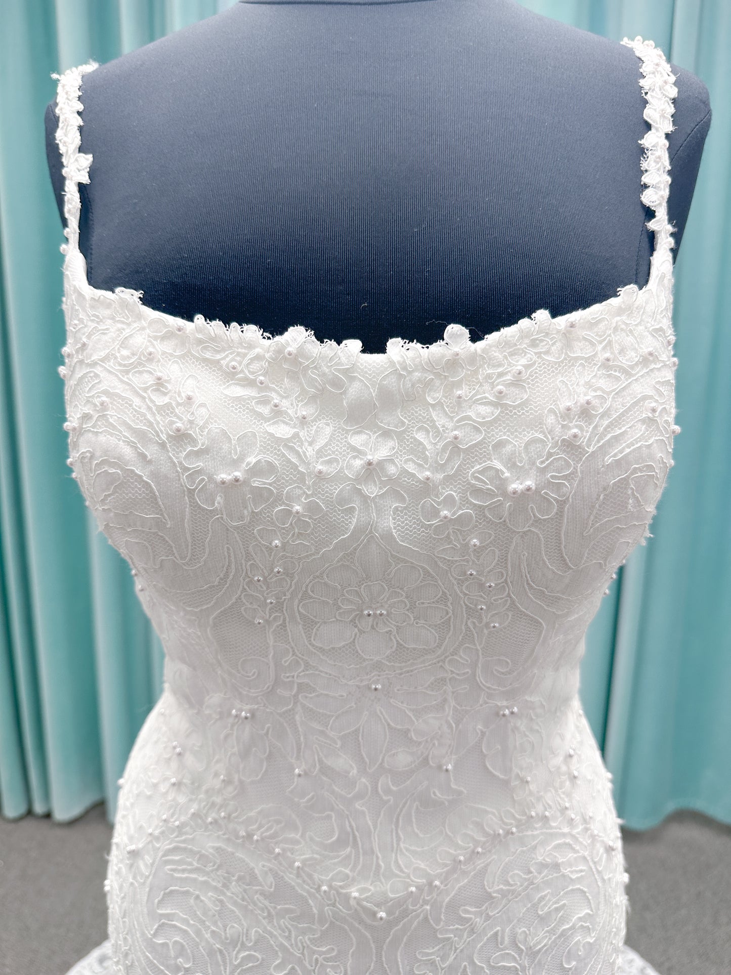 Dondi Fit and Flare Wedding Dress in Ivory, Size 14 — allover lace, fitted bodice, dramatic flare skirt