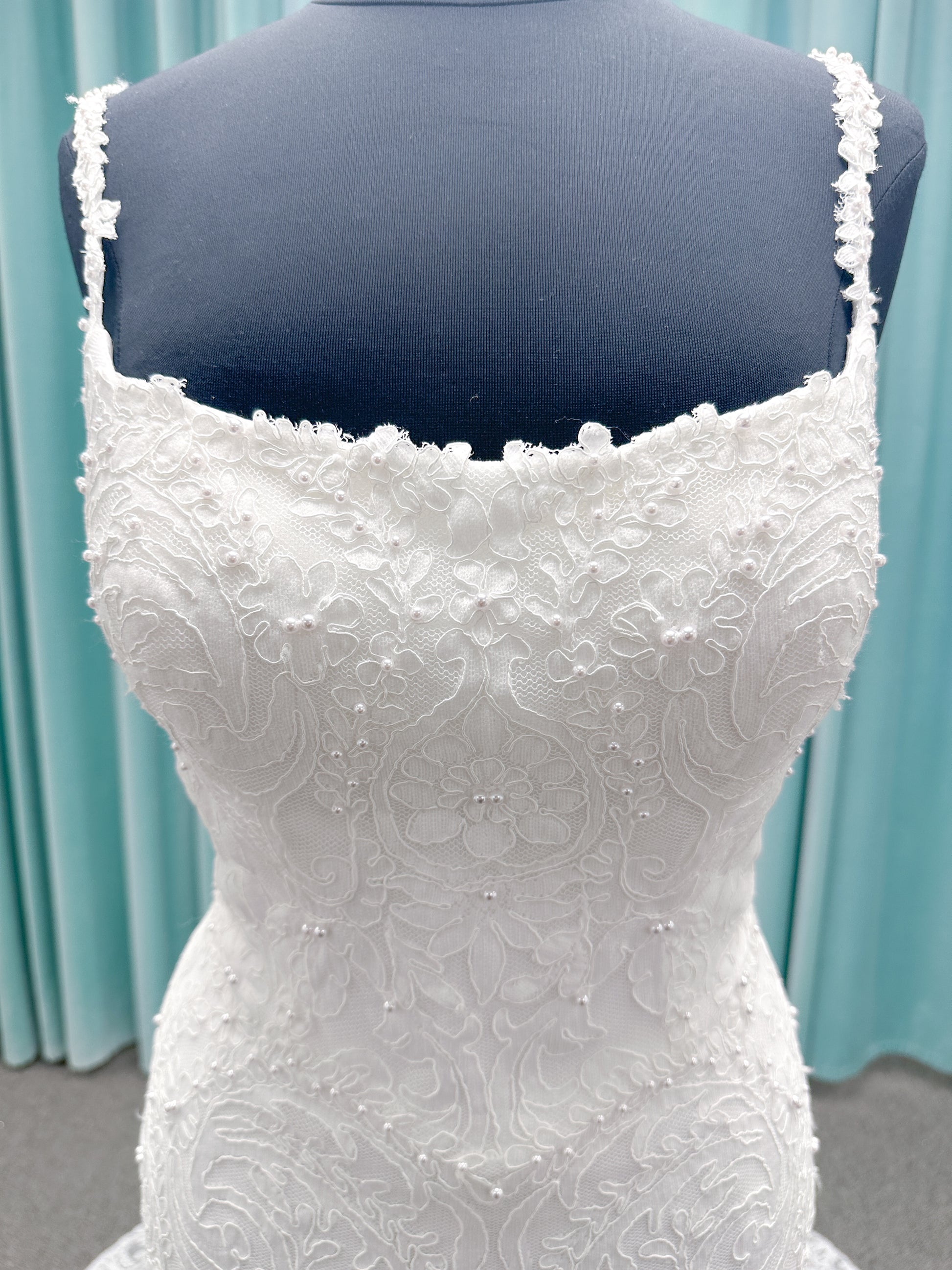 Dondi Fit and Flare Wedding Dress in Ivory, Size 14 — allover lace, fitted bodice, dramatic flare skirt