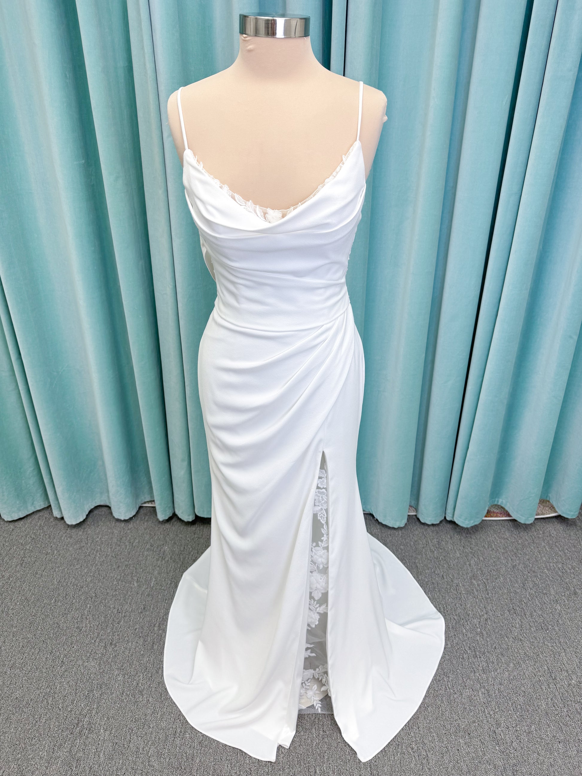 Drake Sheath Wedding Dress in Ivory, Size 10 — draped neckline, spaghetti straps, low button back, lace slit