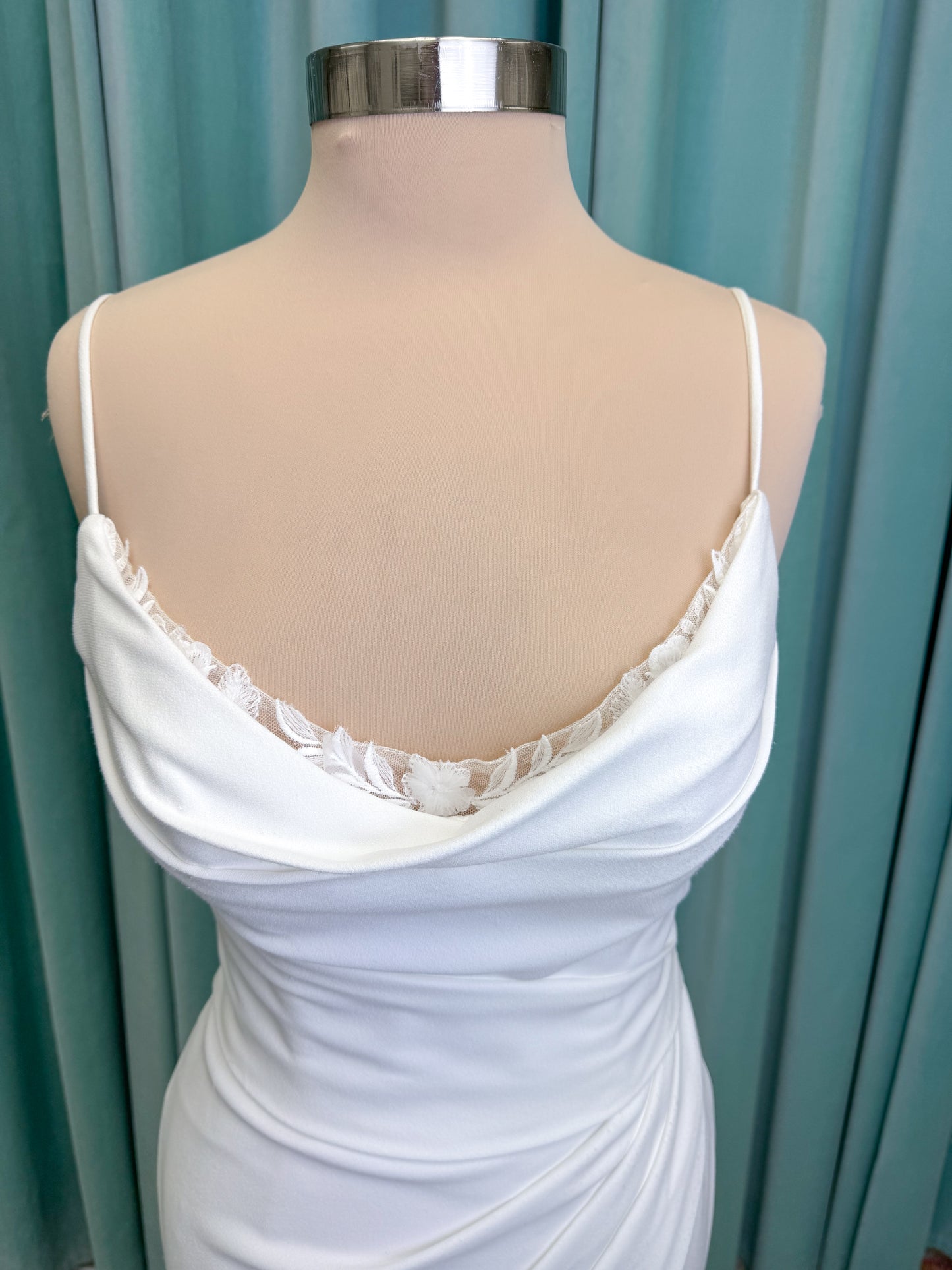 Drake Sheath Wedding Dress in Ivory, Size 10 — draped neckline, spaghetti straps, low button back, lace slit