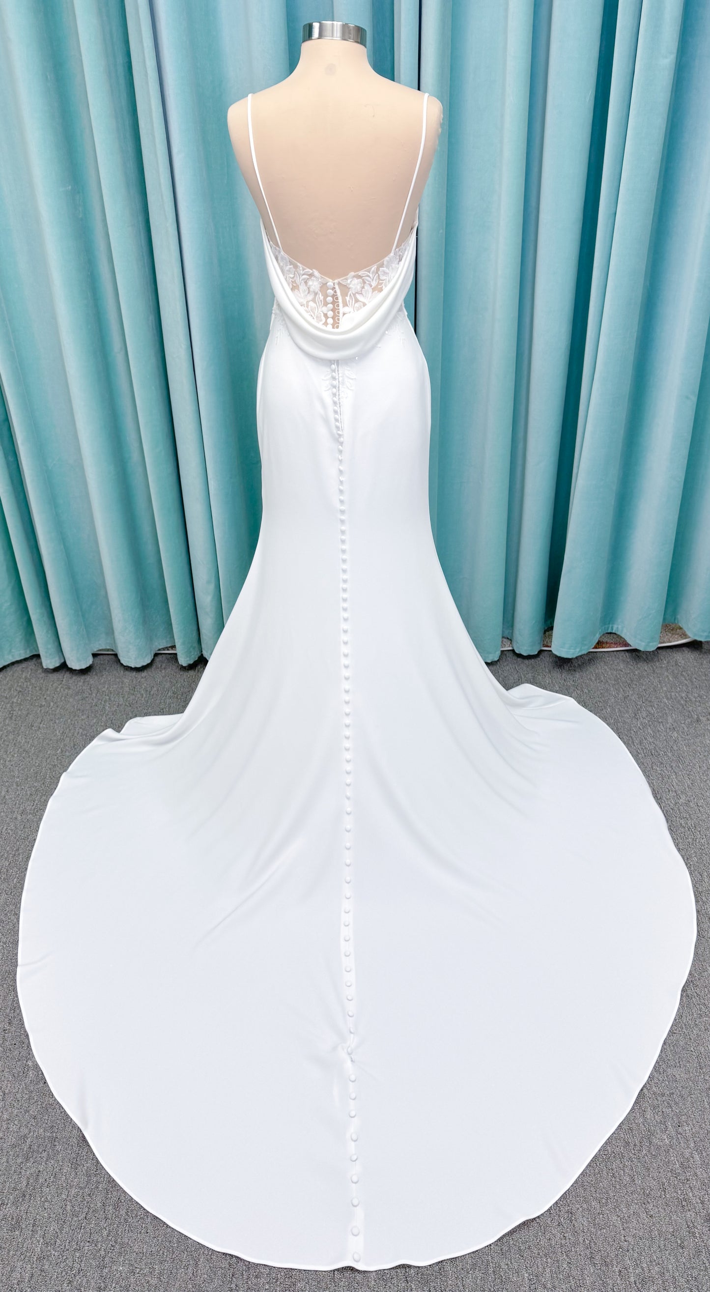 Drake Sheath Wedding Dress in Ivory, Size 10 — draped neckline, spaghetti straps, low button back, lace slit
