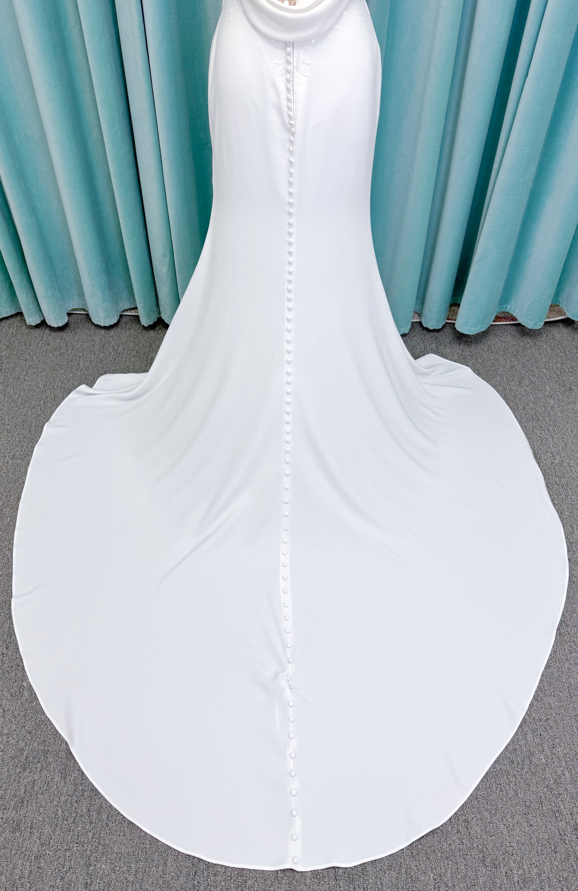 Drake Sheath Wedding Dress in Ivory, Size 10 — draped neckline, spaghetti straps, low button back, lace slit