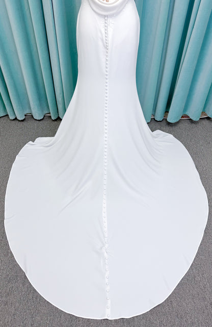 Drake Sheath Wedding Dress in Ivory, Size 10 — draped neckline, spaghetti straps, low button back, lace slit