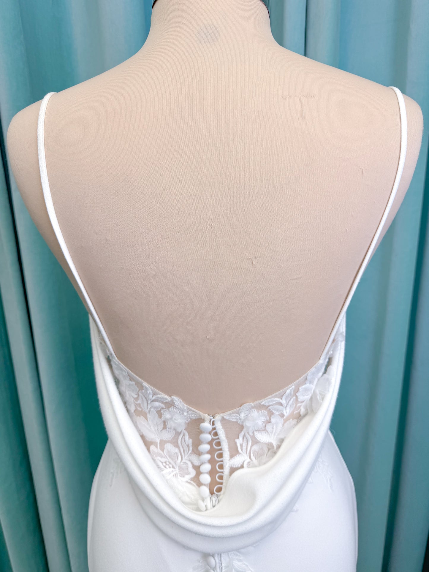 Drake Sheath Wedding Dress in Ivory, Size 10 — draped neckline, spaghetti straps, low button back, lace slit