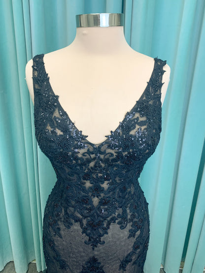 Drusilla Mermaid Wedding Dress in Black/Nude, Size 12 — lace appliqués, subtle sparkle, mermaid flare hem