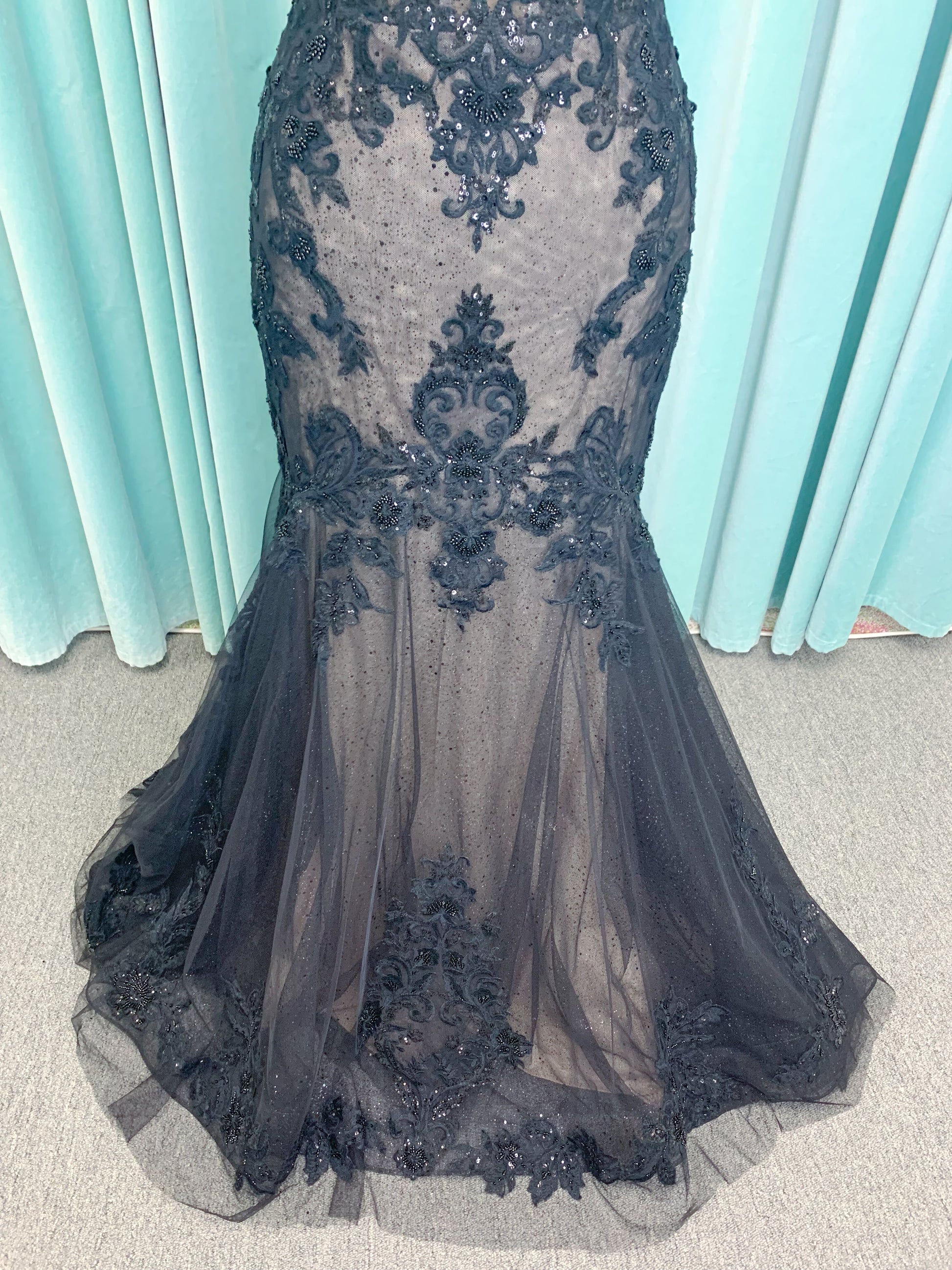 Drusilla Mermaid Wedding Dress in Black/Nude, Size 12 — lace appliqués, subtle sparkle, mermaid flare hem