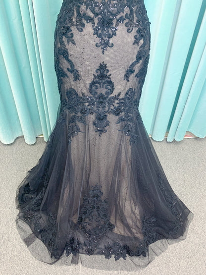 Drusilla Mermaid Wedding Dress in Black/Nude, Size 12 — lace appliqués, subtle sparkle, mermaid flare hem