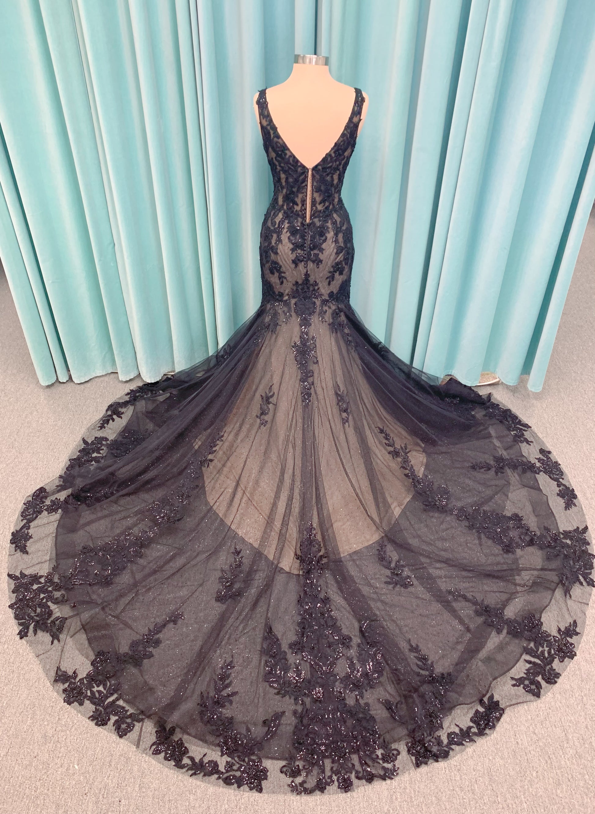 Drusilla Mermaid Wedding Dress in Black/Nude, Size 12 — lace appliqués, subtle sparkle, mermaid flare hem