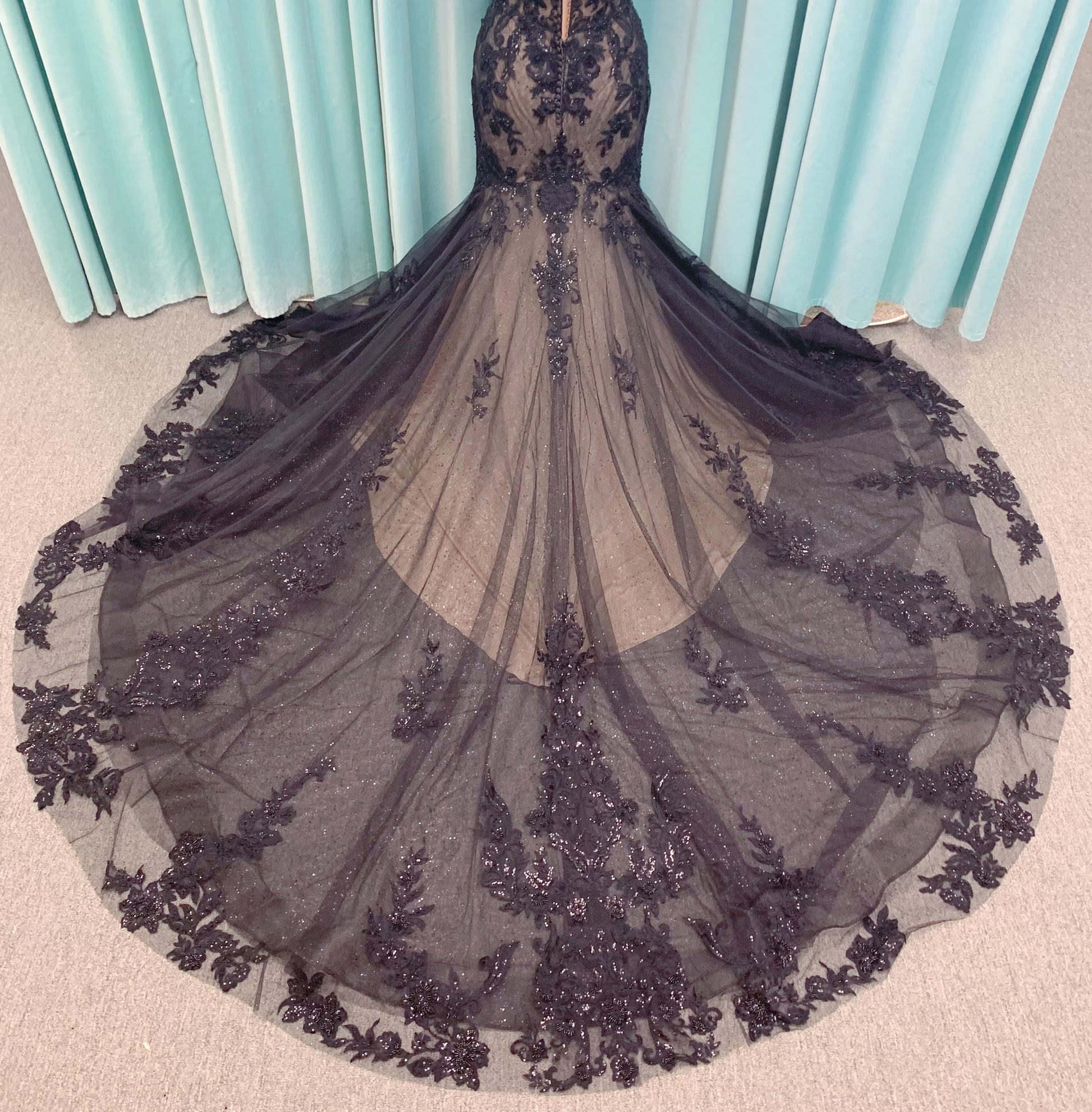 Drusilla Mermaid Wedding Dress in Black/Nude, Size 12 — lace appliqués, subtle sparkle, mermaid flare hem