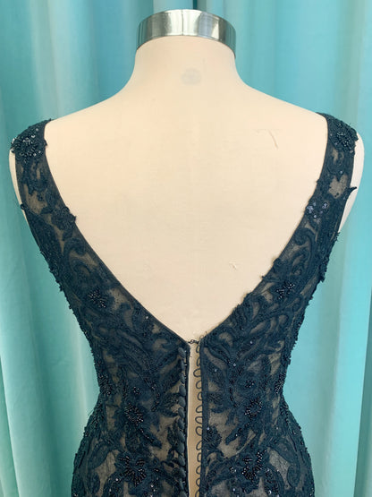 Drusilla Mermaid Wedding Dress in Black/Nude, Size 12 — lace appliqués, subtle sparkle, mermaid flare hem