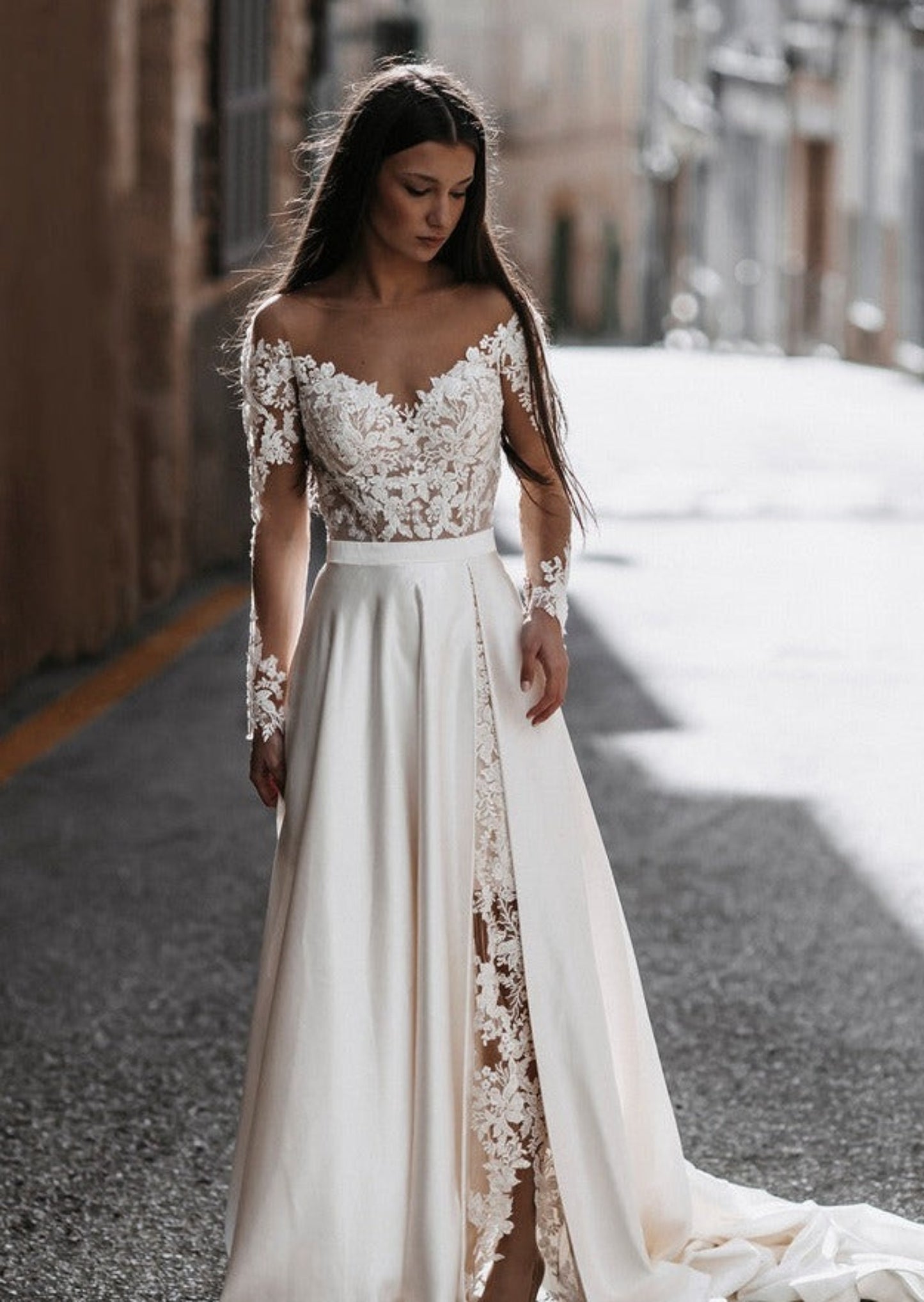 Hedda E163 Allure Abella Side Slit Skirt Lace and Satin Wedding Dress