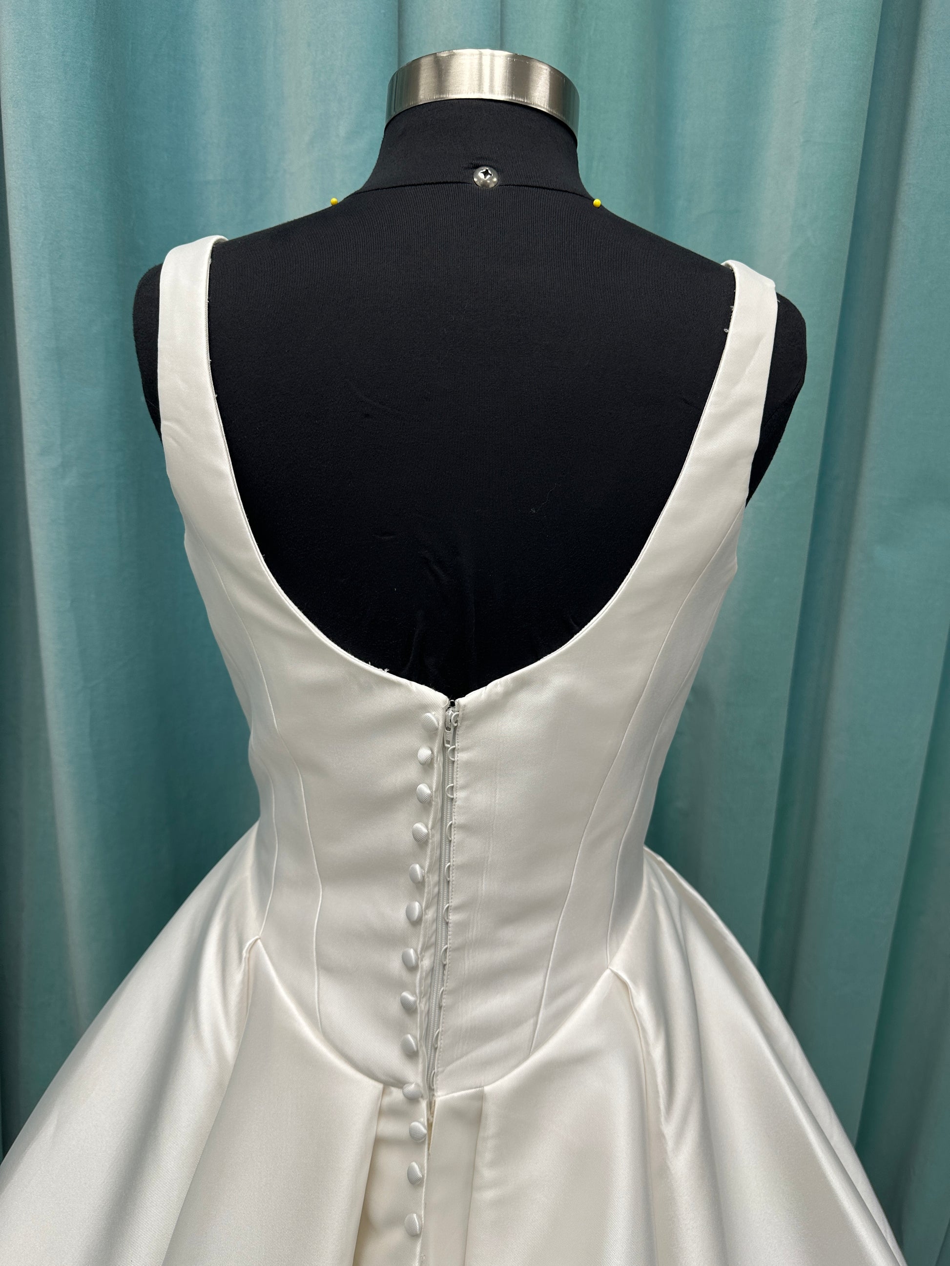 Essense of Australia D4451 Mikado ballgown with V-neckline, wide straps, basque waist, and full pleated skirt