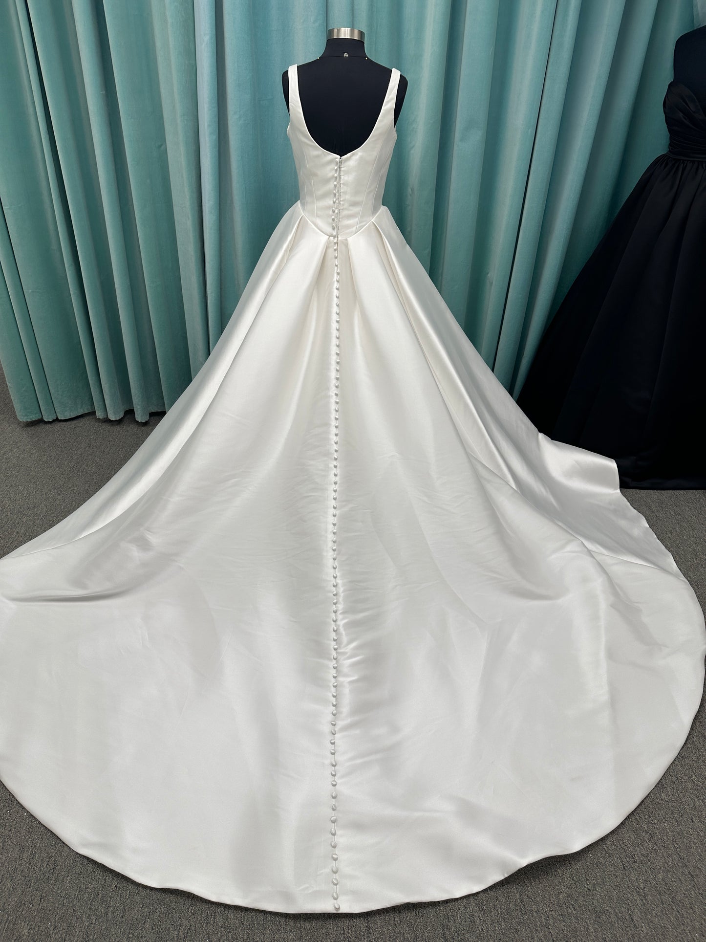 Essense of Australia D4451 Mikado ballgown with V-neckline, wide straps, basque waist, and full pleated skirt