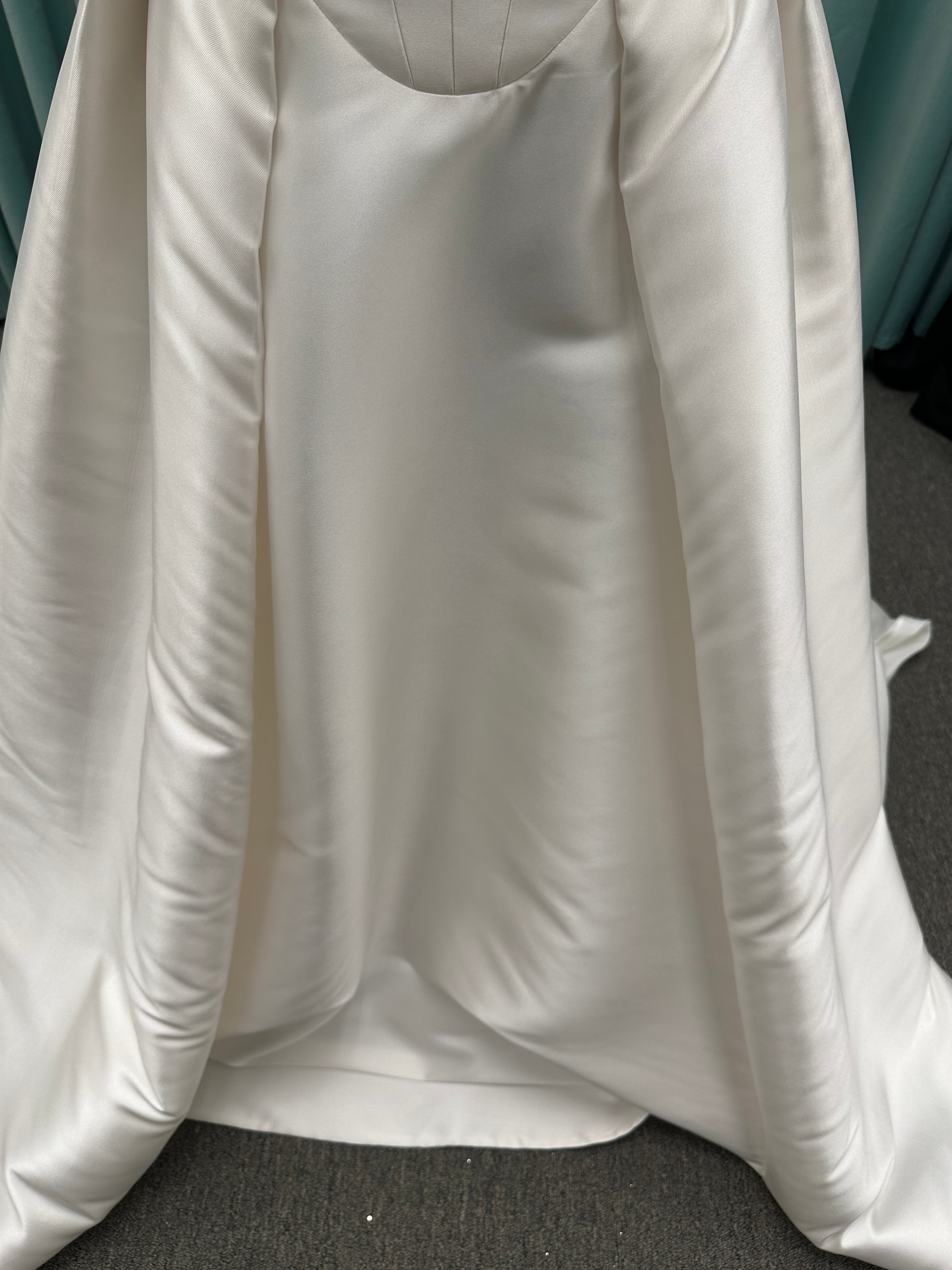 Essense of Australia D4451 Mikado ballgown with V-neckline, wide straps, basque waist, and full pleated skirt