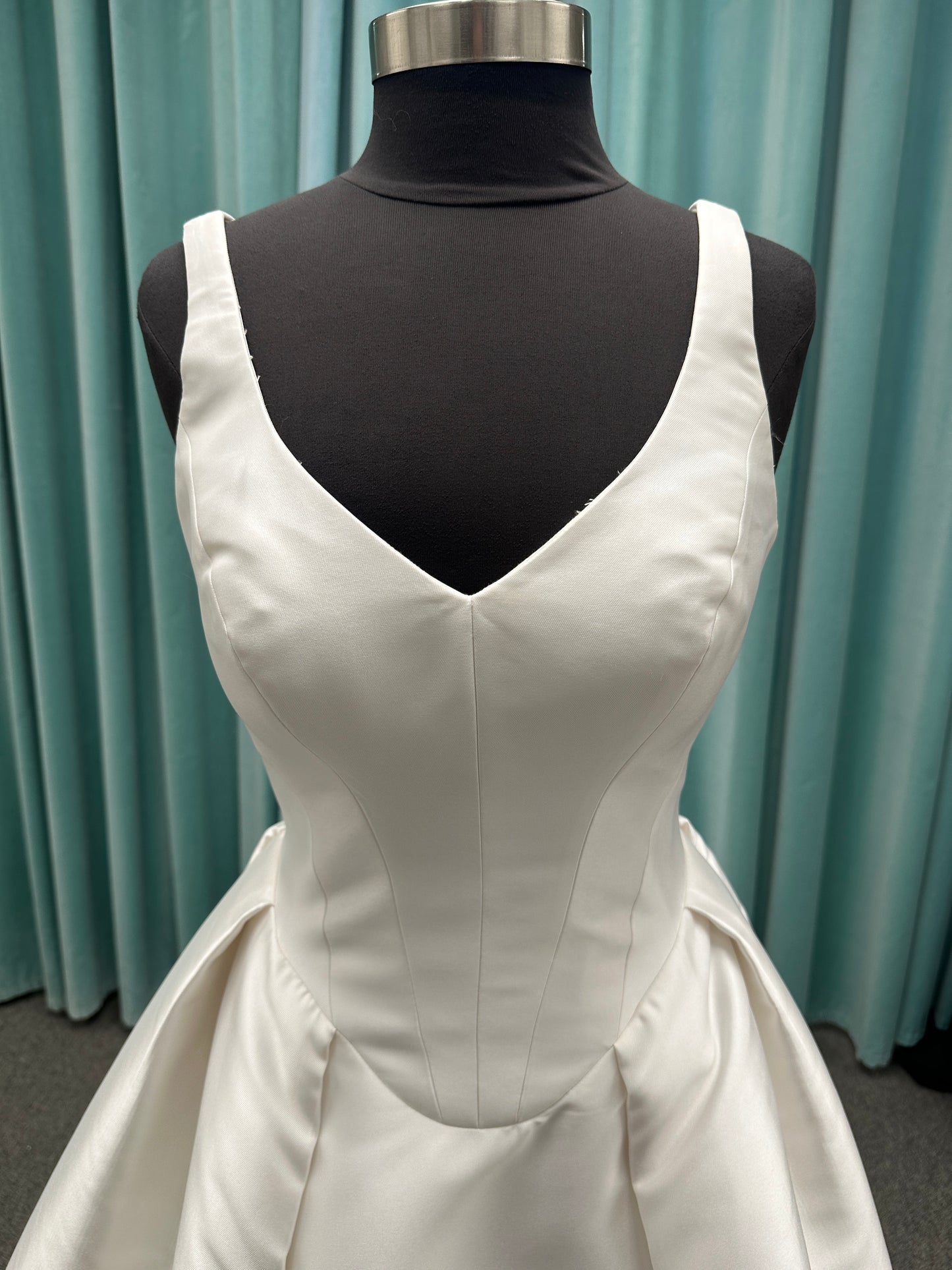 Essense of Australia D4451 Mikado ballgown with V-neckline, wide straps, basque waist, and full pleated skirt