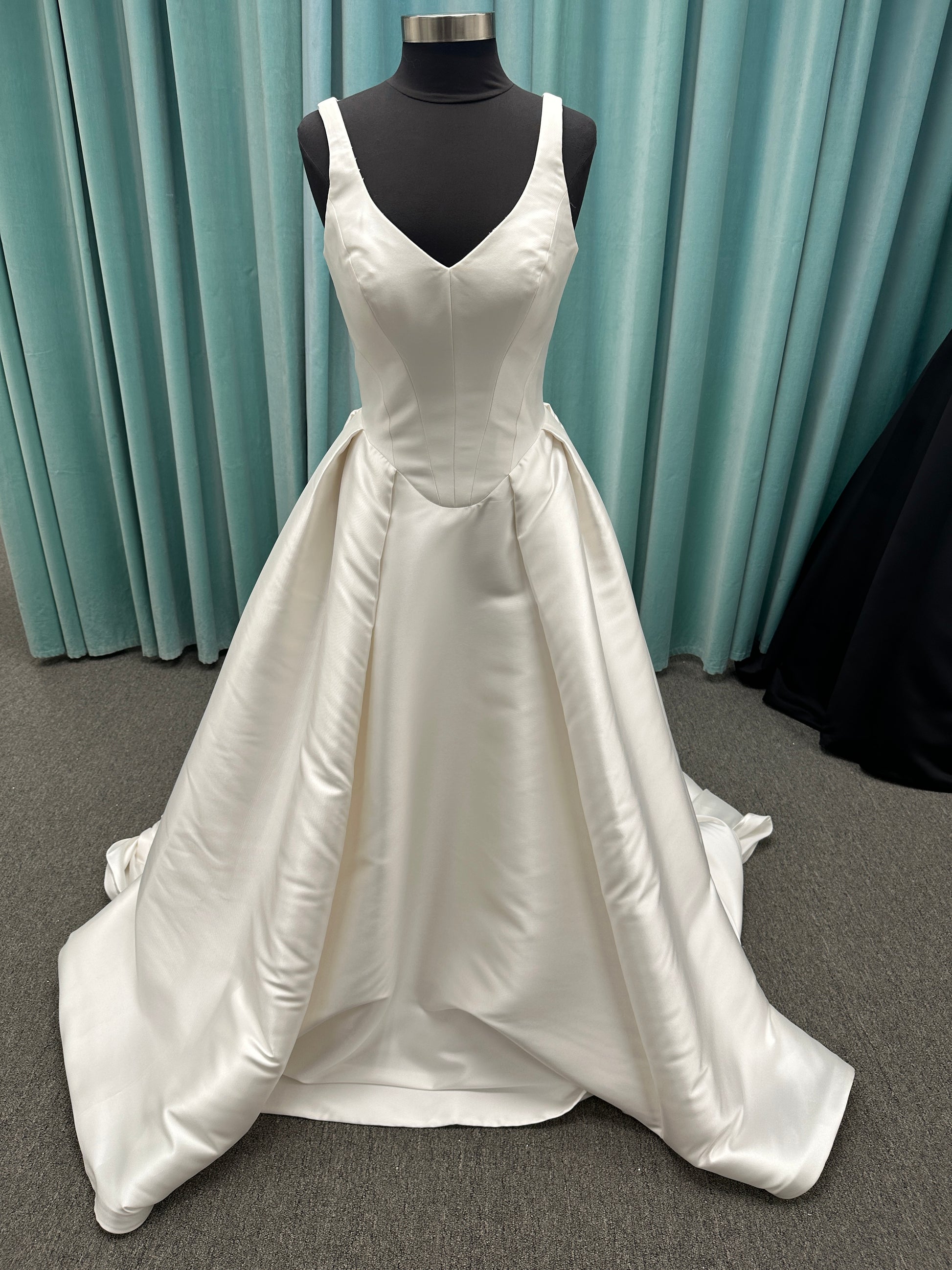 Essense of Australia D4451 Mikado ballgown with V-neckline, wide straps, basque waist, and full pleated skirt