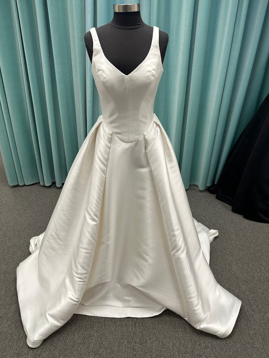 Essense of Australia D4451 Mikado ballgown with V-neckline, wide straps, basque waist, and full pleated skirt