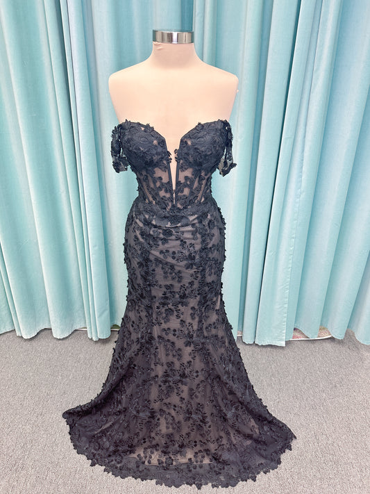 Elvira Mermaid Wedding Dress in Black/Nude, Size 10 — dimensional floral lace, illusion corset bodice, off-the-shoulder straps