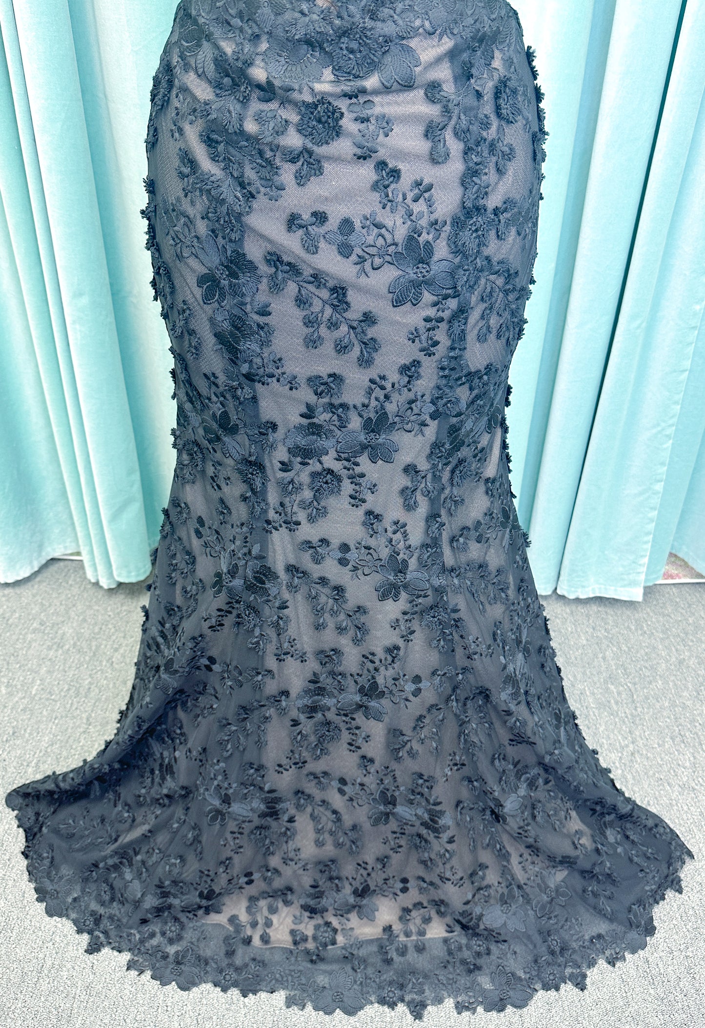Elvira Mermaid Wedding Dress in Black/Nude, Size 10 — dimensional floral lace, illusion corset bodice, off-the-shoulder straps