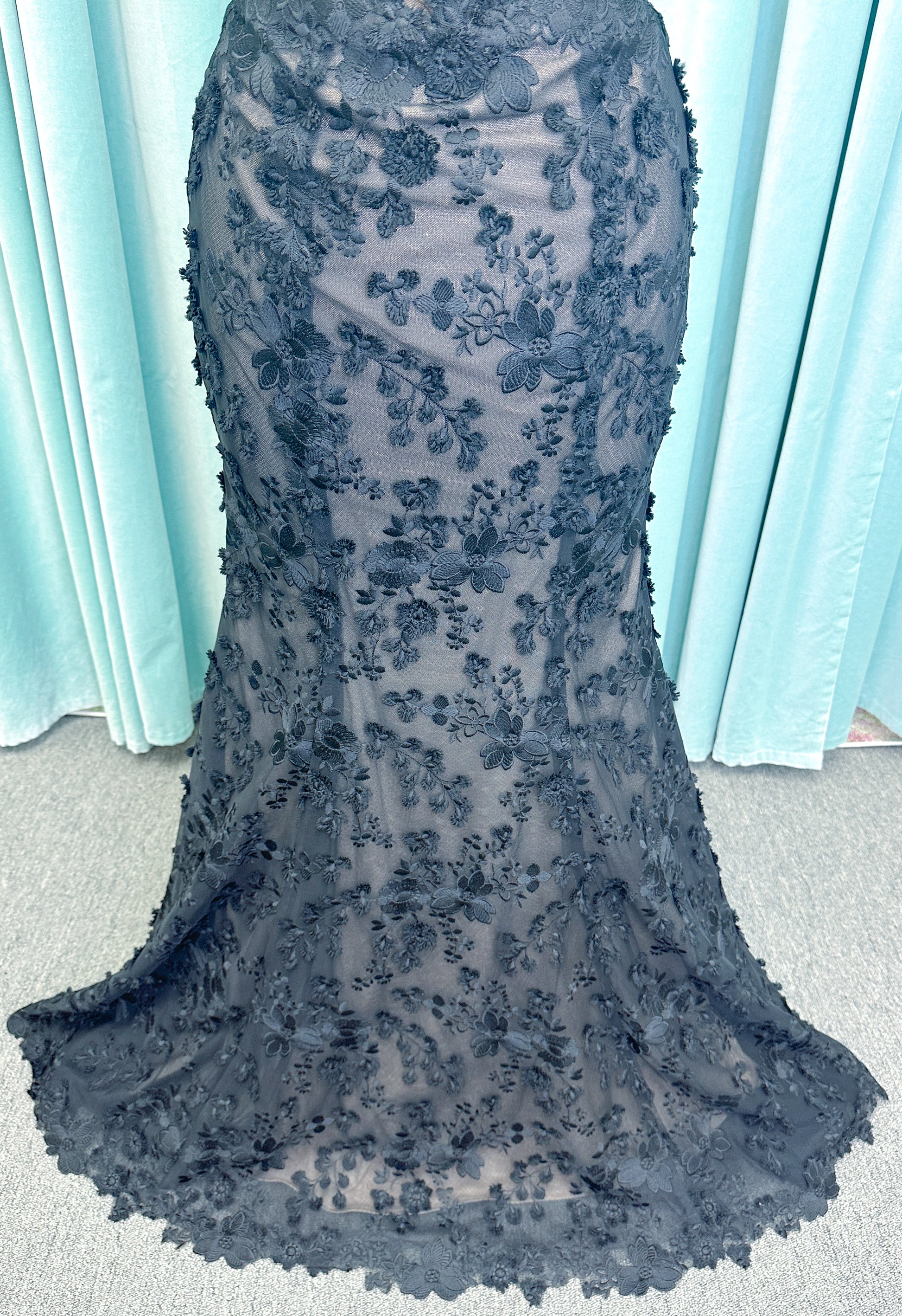 Elvira Mermaid Wedding Dress in Black/Nude, Size 10 — dimensional floral lace, illusion corset bodice, off-the-shoulder straps