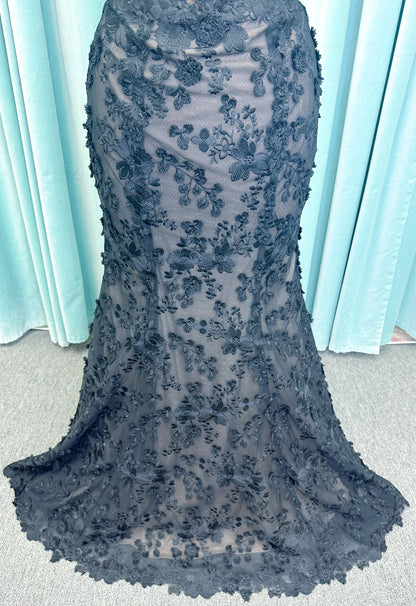 Elvira Mermaid Wedding Dress in Black/Nude, Size 10 — dimensional floral lace, illusion corset bodice, off-the-shoulder straps