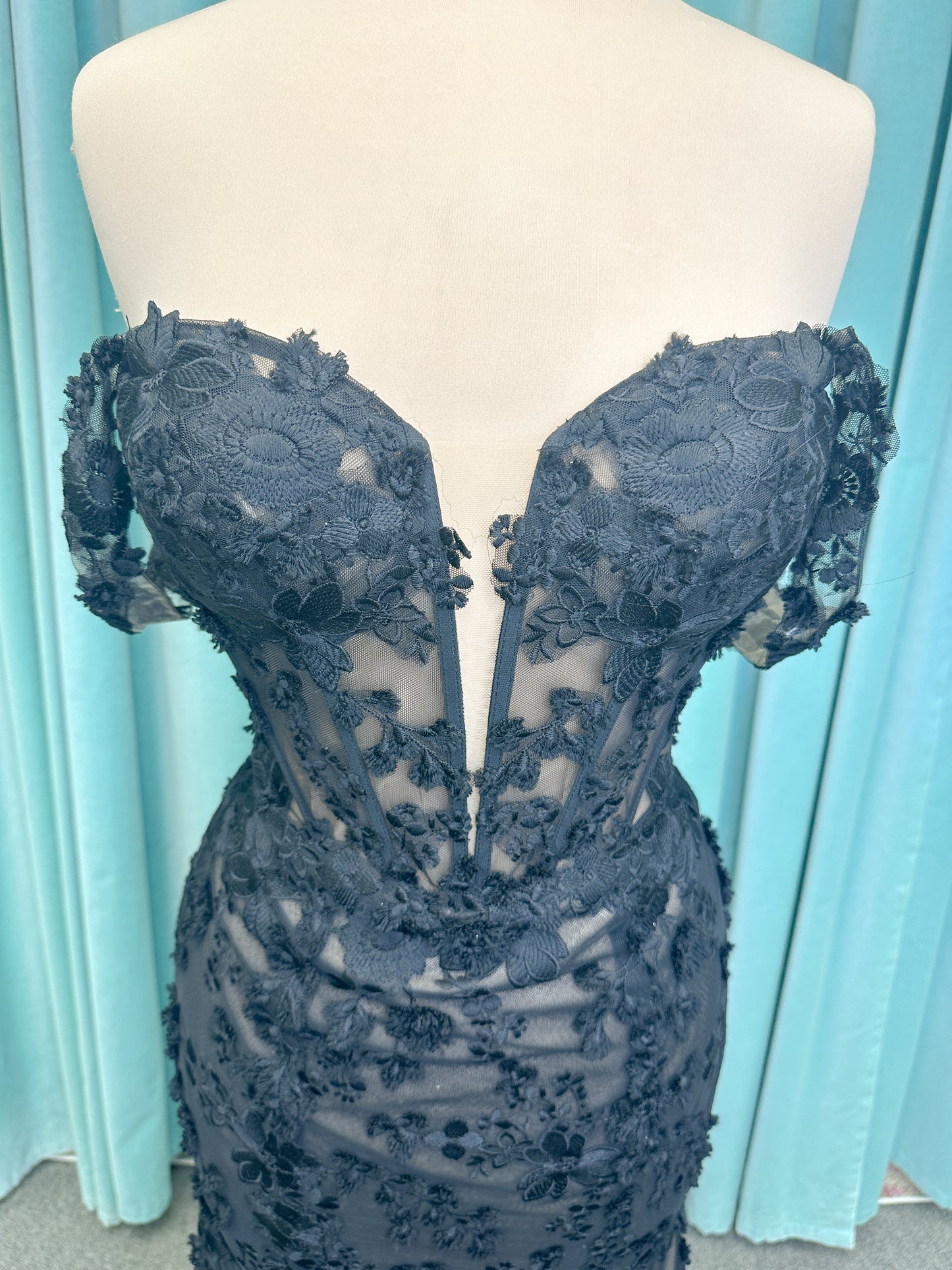 Elvira Mermaid Wedding Dress in Black/Nude, Size 10 — dimensional floral lace, illusion corset bodice, off-the-shoulder straps