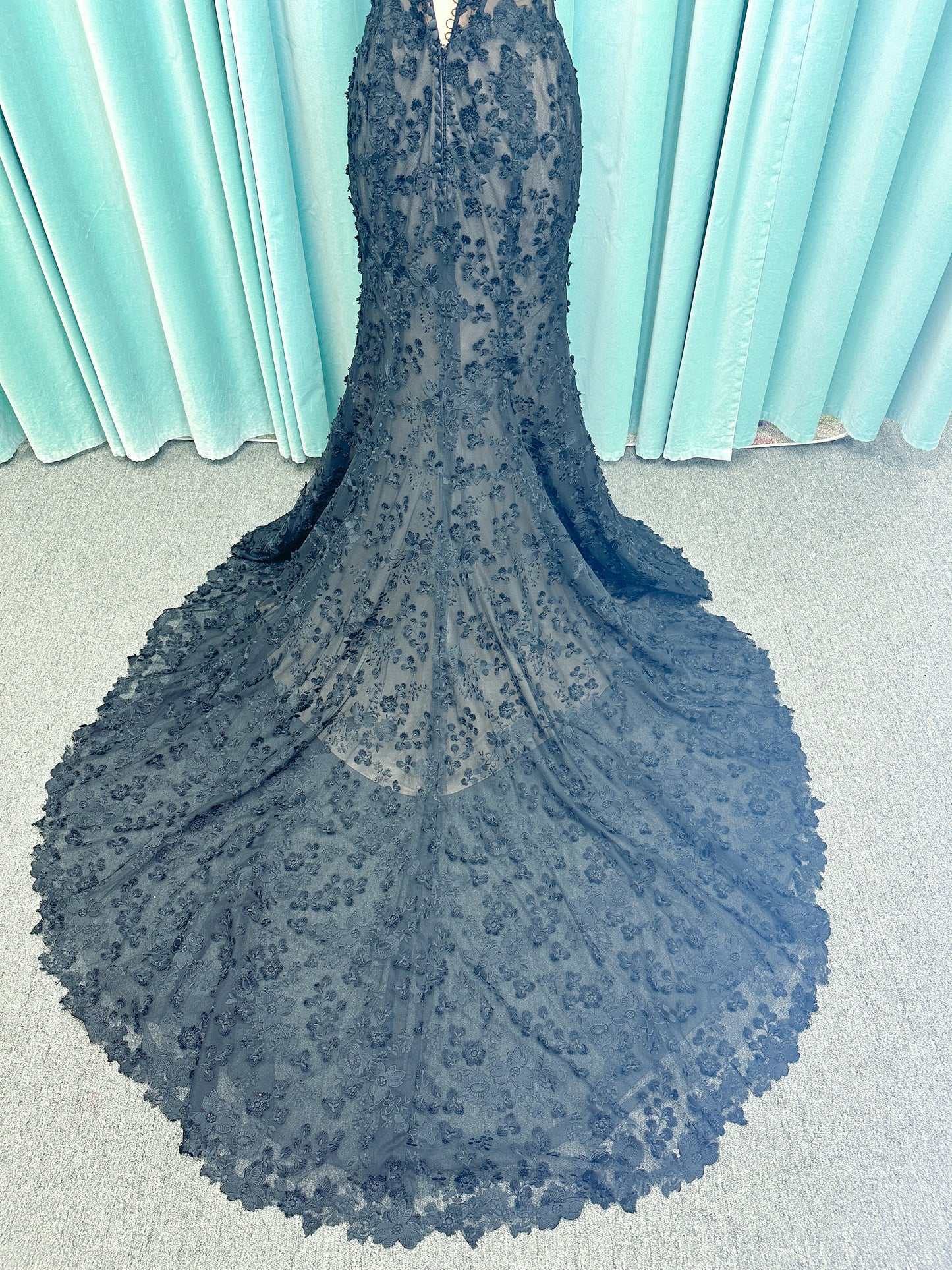 Elvira Mermaid Wedding Dress in Black/Nude, Size 10 — dimensional floral lace, illusion corset bodice, off-the-shoulder straps