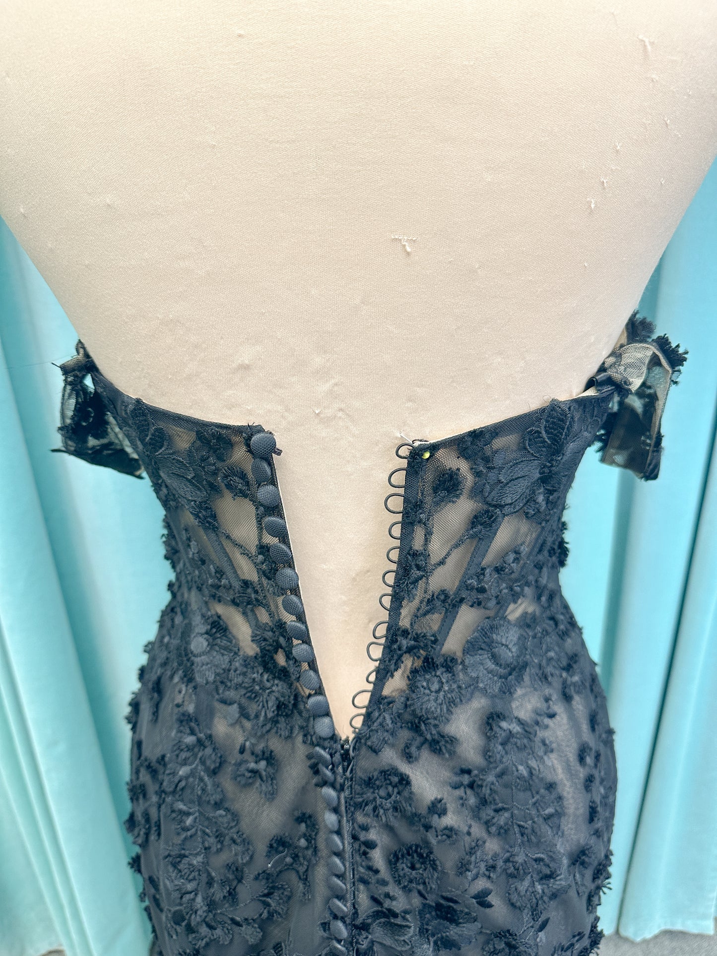 Elvira Mermaid Wedding Dress in Black/Nude, Size 10 — dimensional floral lace, illusion corset bodice, off-the-shoulder straps