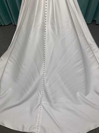 Essense of Australia D4418 Mikado ballgown with draped square neckline, ruched bodice, cascading pearl straps, and full pleated skirt
