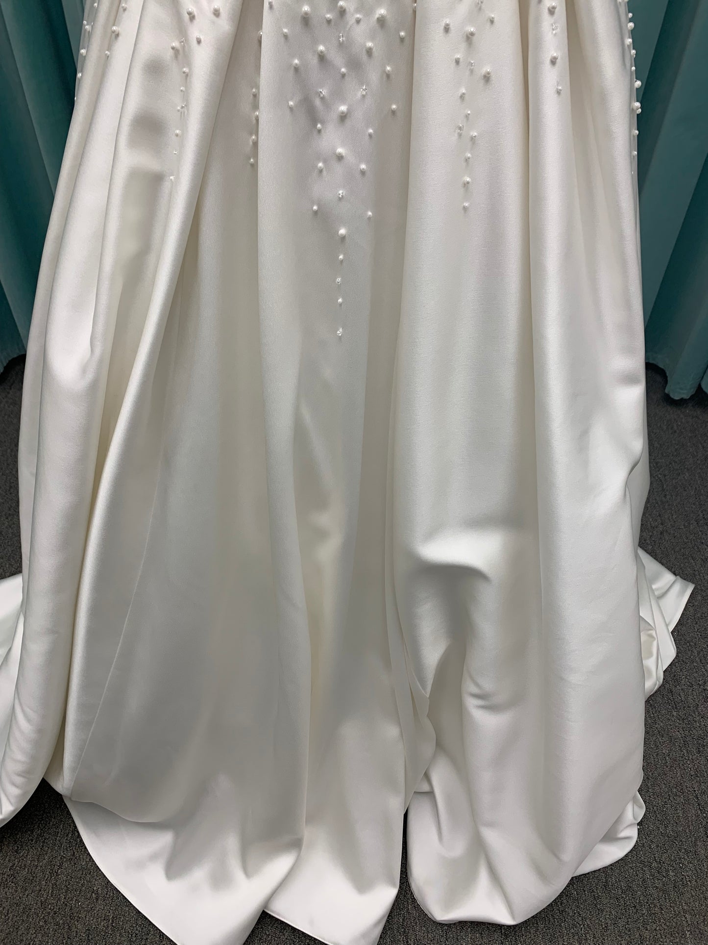Essense of Australia D4418 Mikado ballgown with draped square neckline, ruched bodice, cascading pearl straps, and full pleated skirt