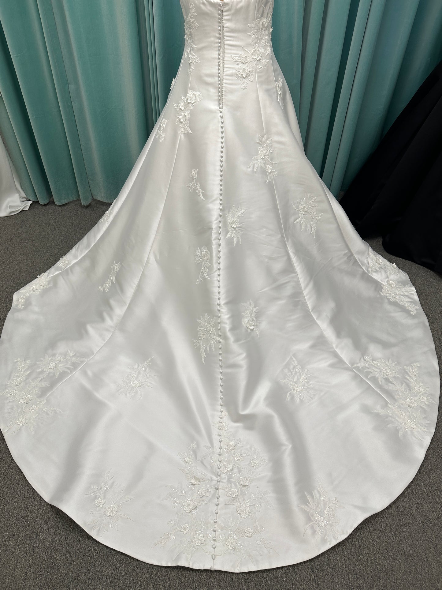 Plus Size Strapless Mikado A-line wedding dress with straight neckline, lace detailing, and full skirt with hip volume by Essense of Australia Style D4479
