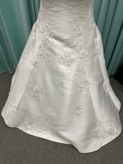 Plus Size Strapless Mikado A-line wedding dress with straight neckline, lace detailing, and full skirt with hip volume by Essense of Australia Style D4479