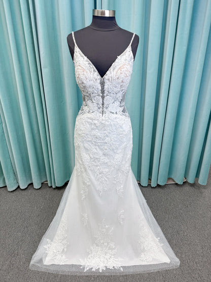 Morilee 2467 Fortunata fit and flare wedding dress with V-neckline, frosted crystal lace appliqués, open beaded back, and sparkle net skirt in Ivory/Cappuccino/Honey.