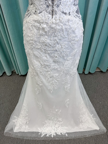 Morilee 2467 Fortunata fit and flare wedding dress with V-neckline, frosted crystal lace appliqués, open beaded back, and sparkle net skirt in Ivory/Cappuccino/Honey.