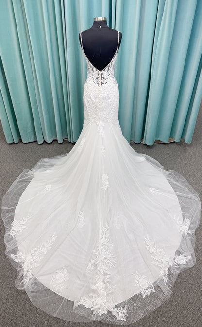 Morilee 2467 Fortunata fit and flare wedding dress with V-neckline, frosted crystal lace appliqués, open beaded back, and sparkle net skirt in Ivory/Cappuccino/Honey.