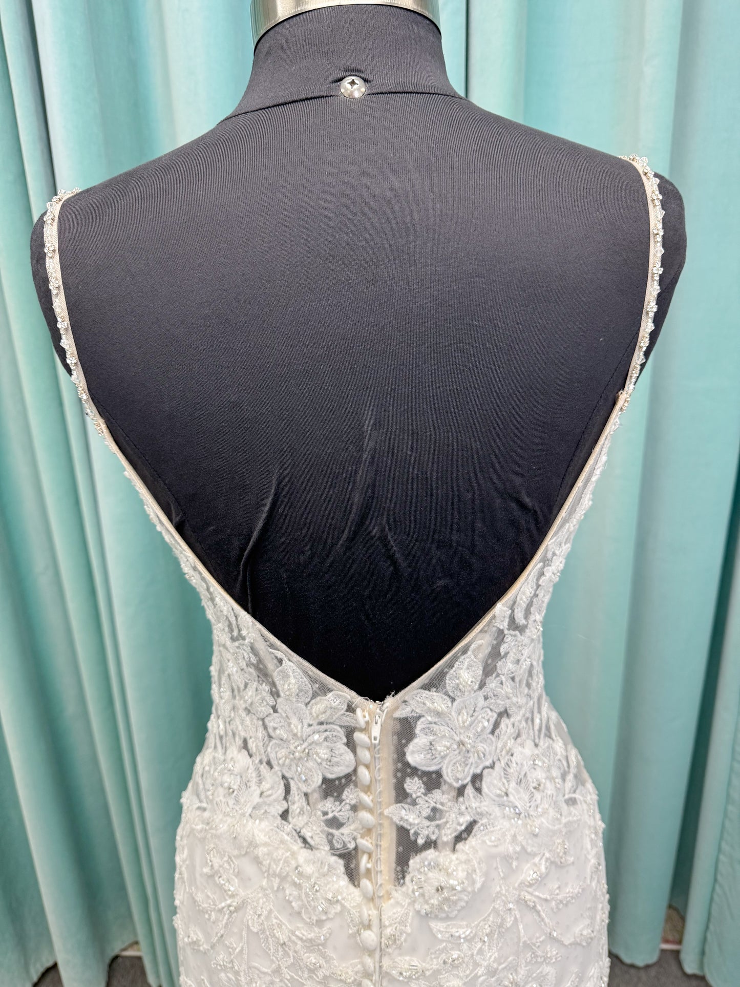 Morilee 2467 Fortunata fit and flare wedding dress with V-neckline, frosted crystal lace appliqués, open beaded back, and sparkle net skirt in Ivory/Cappuccino/Honey.