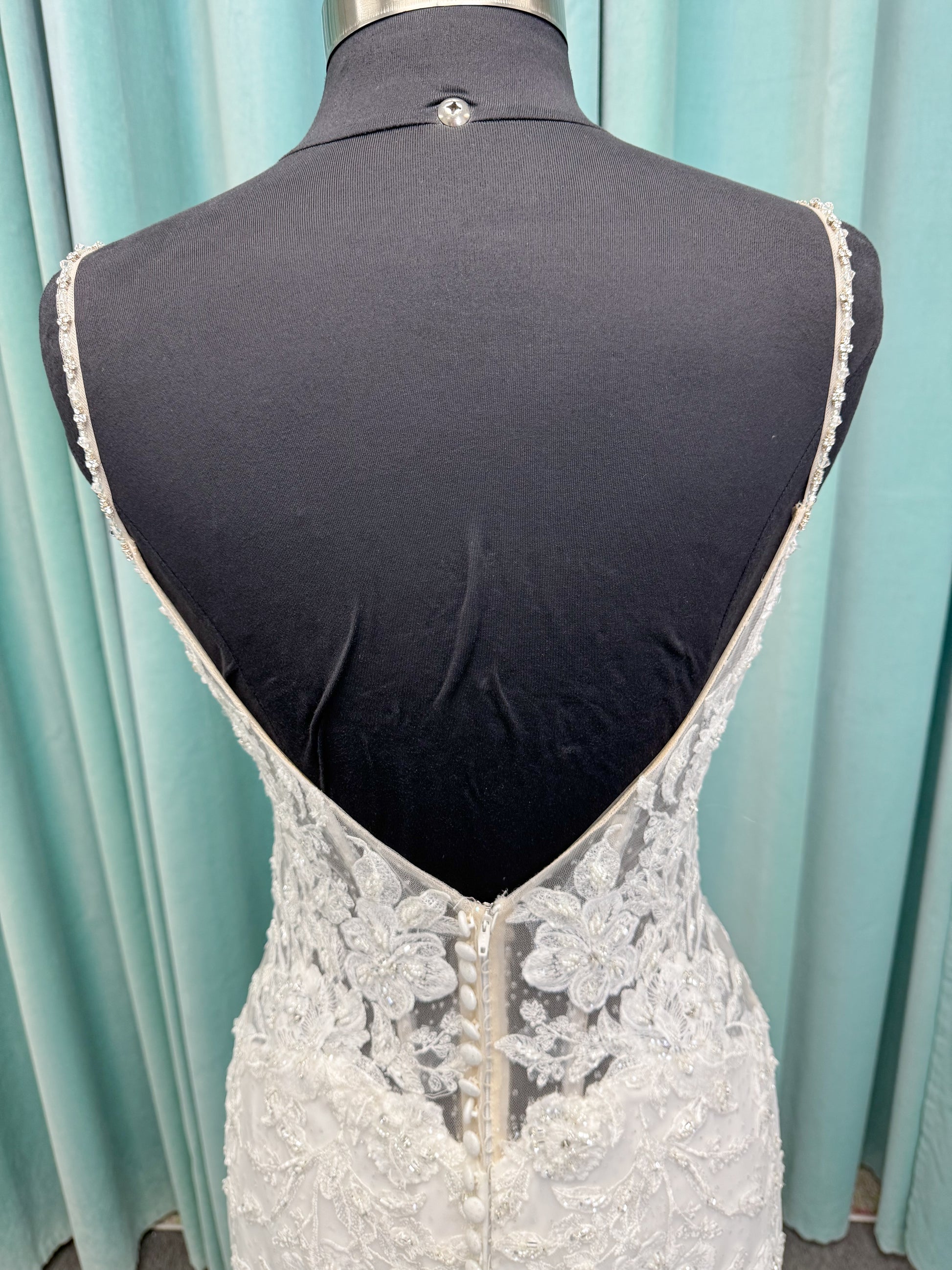 Morilee 2467 Fortunata fit and flare wedding dress with V-neckline, frosted crystal lace appliqués, open beaded back, and sparkle net skirt in Ivory/Cappuccino/Honey.