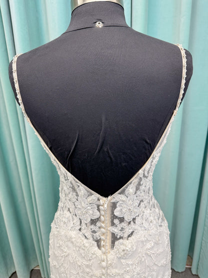 Morilee 2467 Fortunata fit and flare wedding dress with V-neckline, frosted crystal lace appliqués, open beaded back, and sparkle net skirt in Ivory/Cappuccino/Honey.