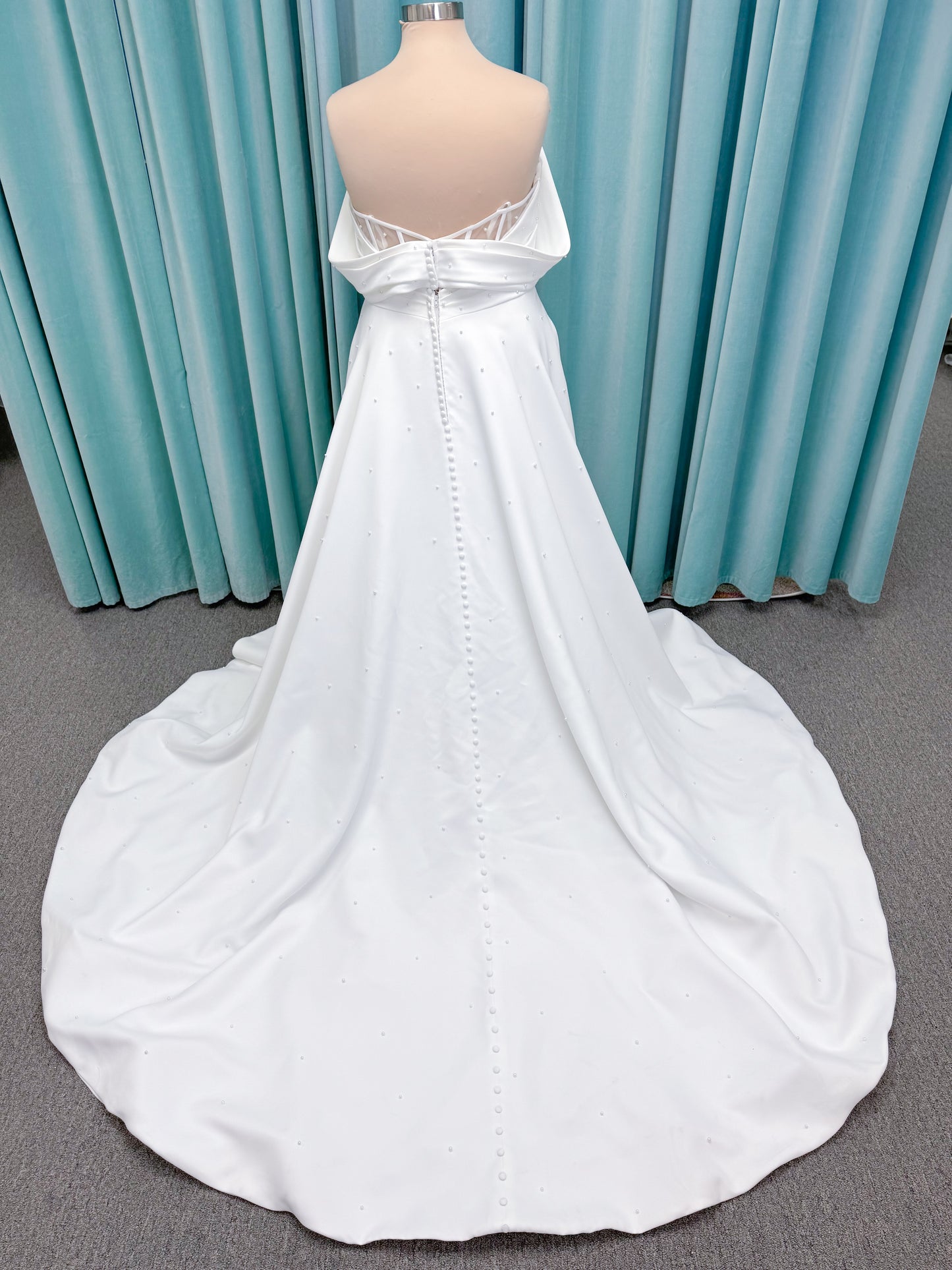 Georgia Plus Size Ballgown Wedding Dress in Ivory, Size 22 — satin, pearl embellishments, off-the-shoulder detail