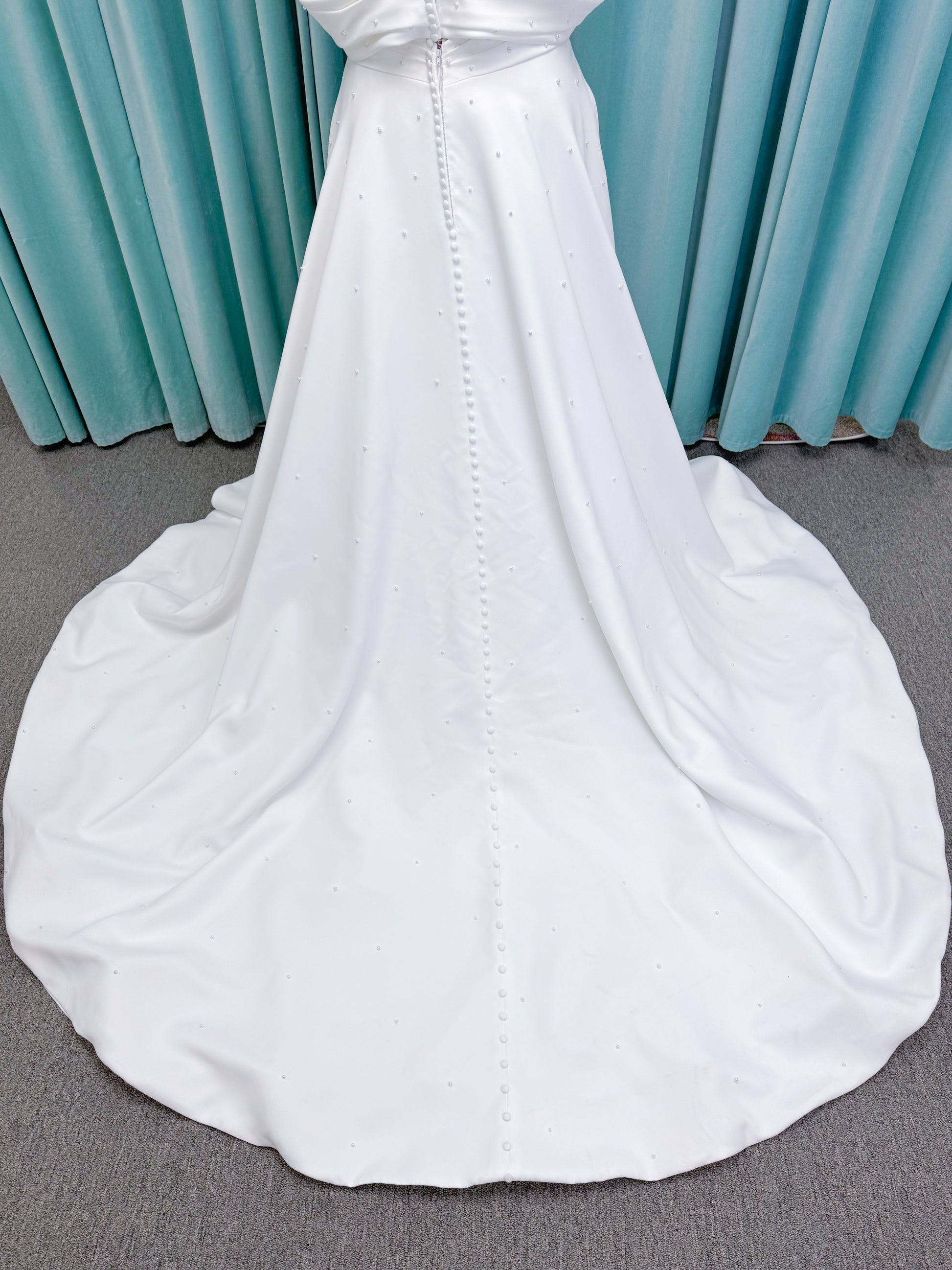 Georgia Plus Size Ballgown Wedding Dress in Ivory, Size 22 — satin, pearl embellishments, off-the-shoulder detail