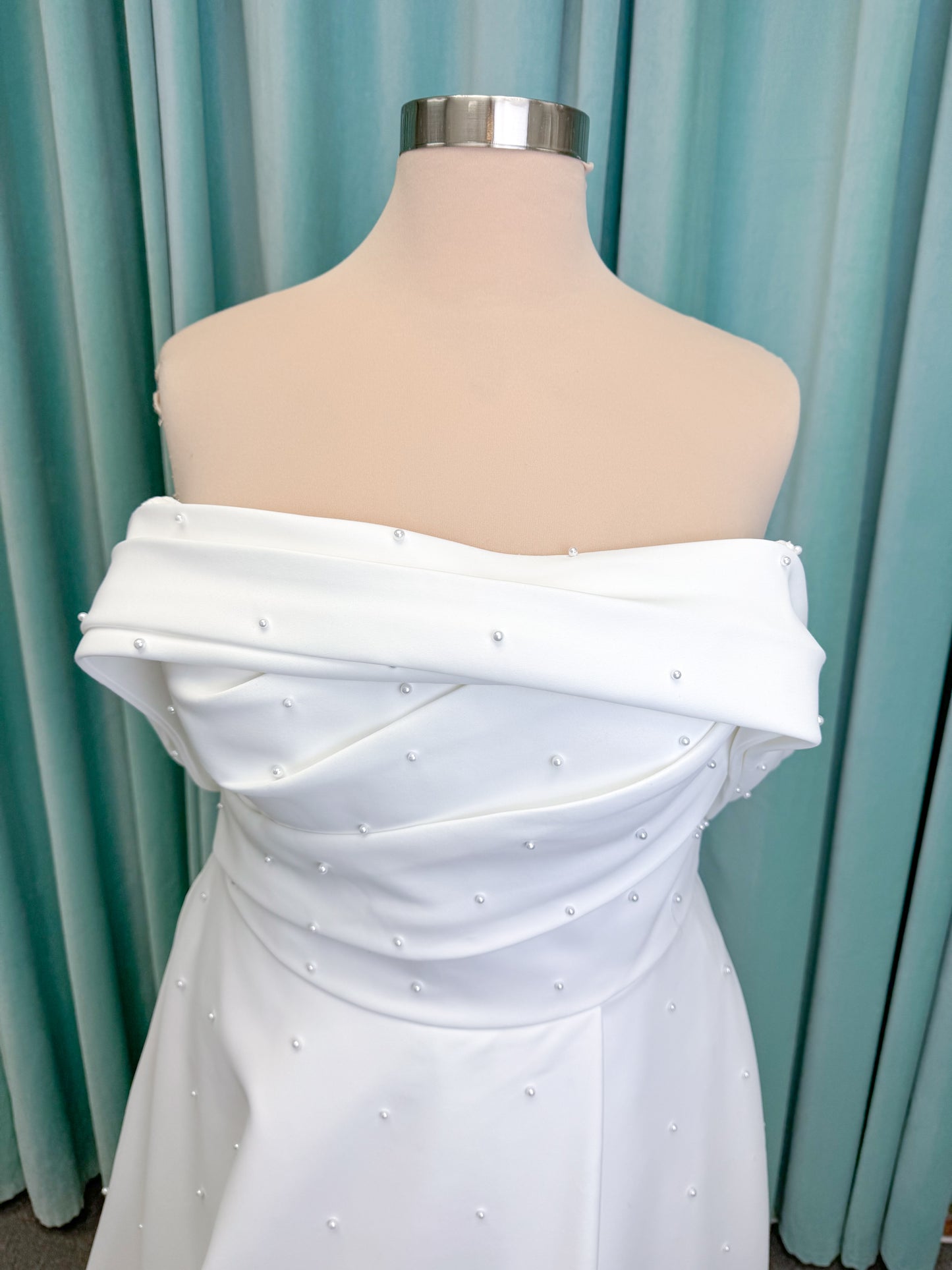 Georgia Plus Size Ballgown Wedding Dress in Ivory, Size 22 — satin, pearl embellishments, off-the-shoulder detail