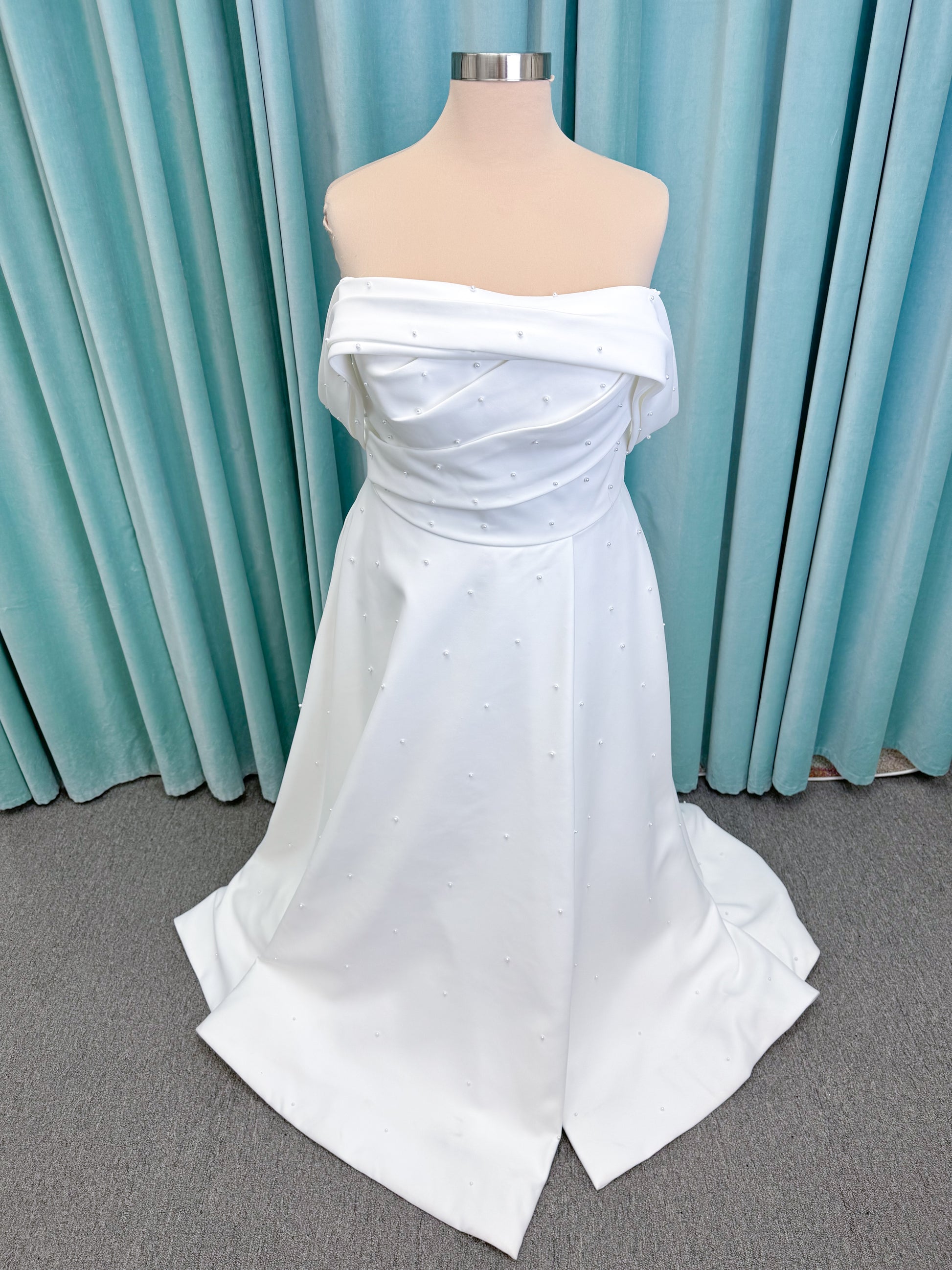 Georgia Plus Size Ballgown Wedding Dress in Ivory, Size 22 — satin, pearl embellishments, off-the-shoulder detail