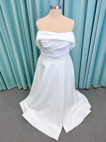 Georgia Plus Size Ballgown Wedding Dress in Ivory, Size 22 — satin, pearl embellishments, off-the-shoulder detail