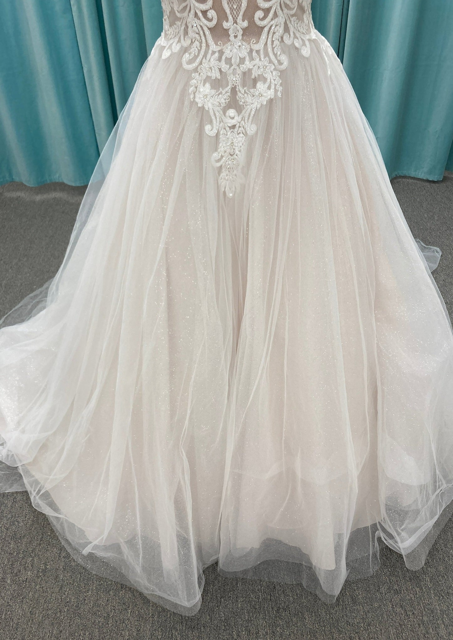 V Neck Wedding Dress with Lace accents and tulle ballgown skirt