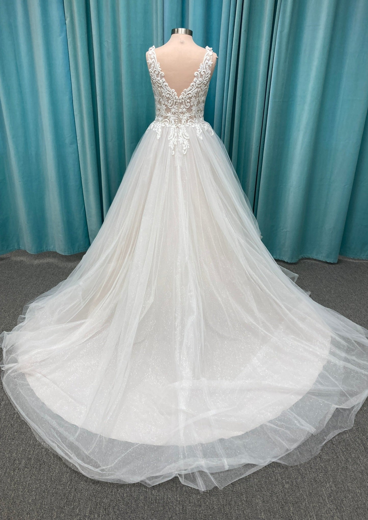 V Neck Wedding Dress with Lace accents and tulle ballgown skirt