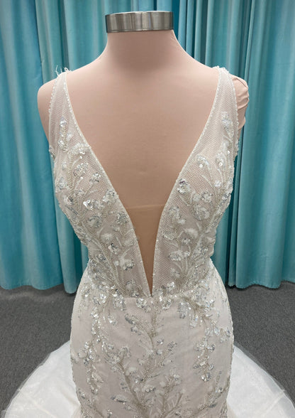 Nadine E151 Beaded deep plunge shimmering fit and flare wedding dress