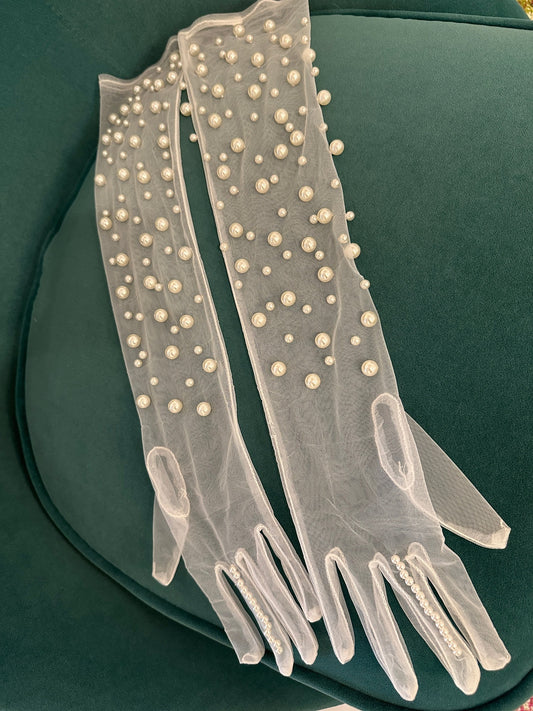 Pearl Studded Sheet Gloves One Size - Heirloom Bridal Company